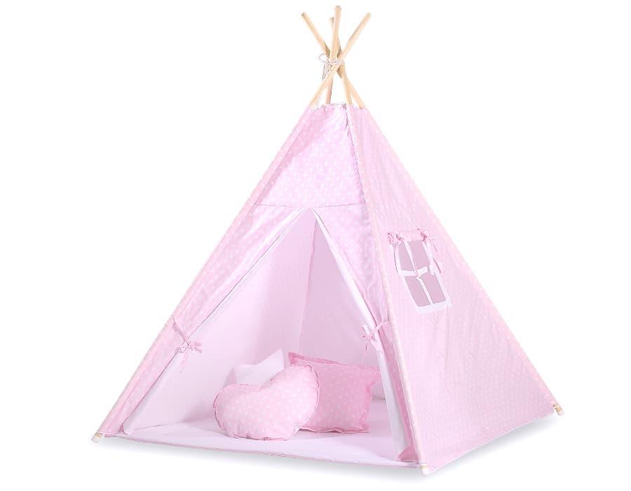 Namiot TIPI dla dzieci +mata + zawieszki pióra -  Białe grochy na różu