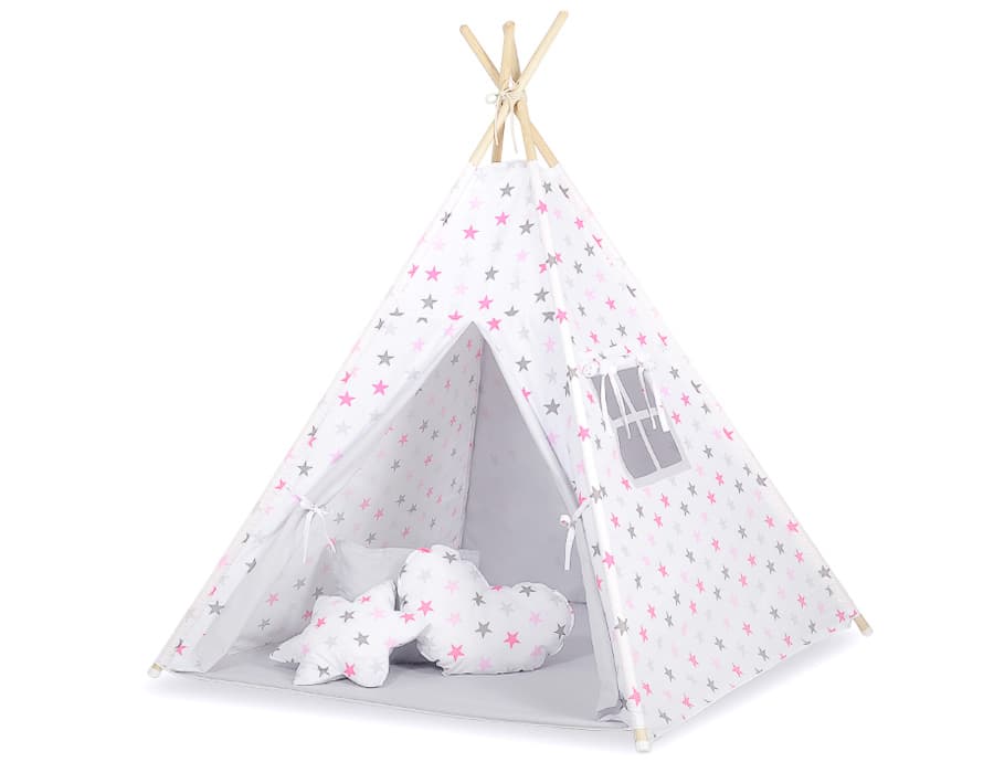 Namiot TIPI dla dzieci +mata + zawieszki pióra -  Gwiazdy szaro-różowe/szary